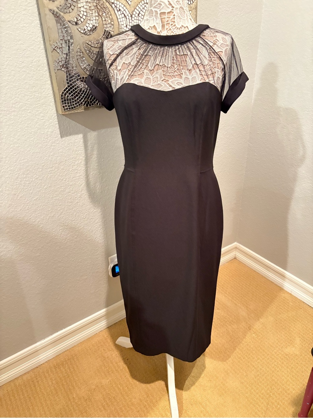 Maggy London Black Lace Yoke Midi Sheath Dress